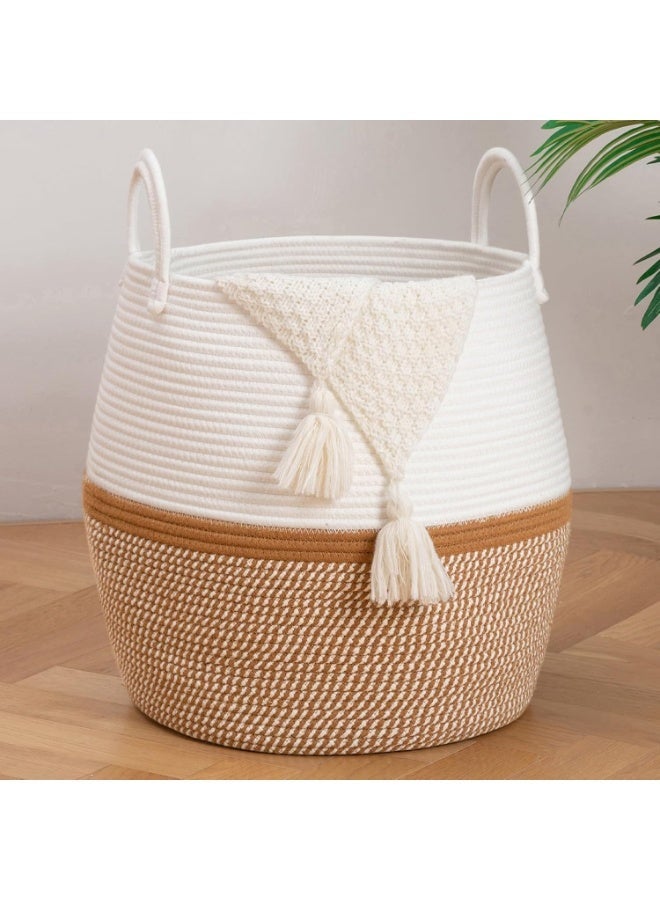Bukela 60L Blanket Basket with Handle, Storage Basket for Living Room, Laundry Hamper for Clothes, Towels, Pillows, Toy Storage for Kids and Dogs, Baby Hamper for Nursery - Brown & White - Image 1